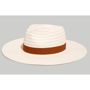 Madewell S/M Wide Brim Packable Braided Flat Top Straw Hat Brown Ribbon
